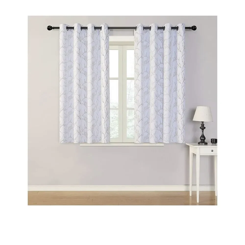 Brown‎ Branch Pattern Room Darkening White Window Curtains 63 Inch 2 Panels